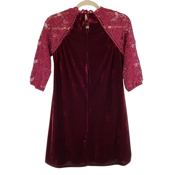 Lulus Love Me Always Dress Burgundy Velvet  Crocheted Lace Sleeves Shift Sz XS - Picture 7 of 16